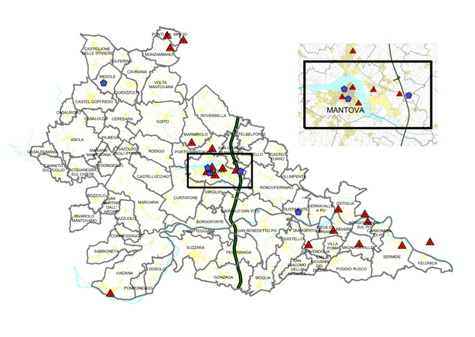 Mappa che mostra la distribuzione territoriale delle postazioni di rilevamento pubbliche e private, e dei mezzi mobili